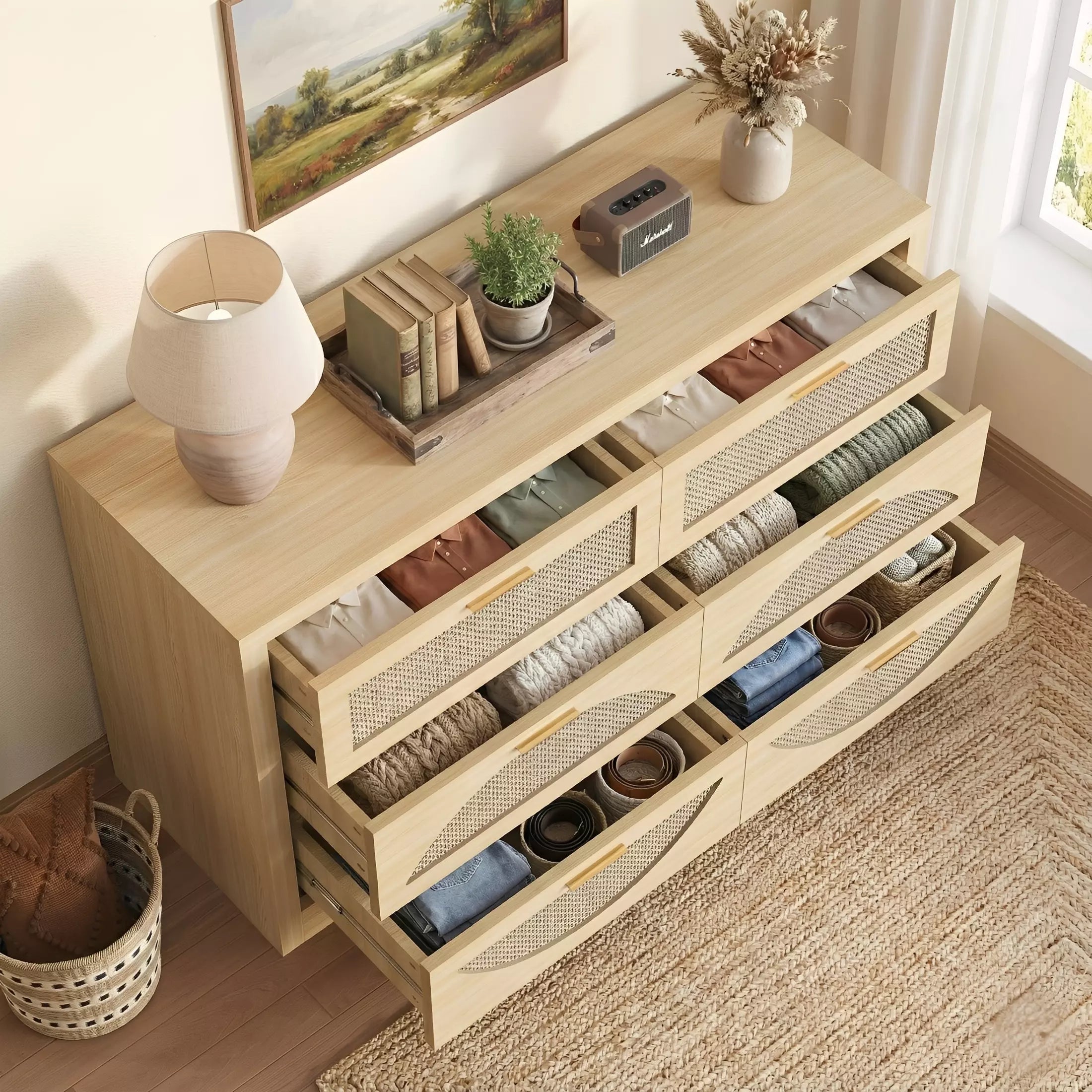 Rattan Dresser with Arched Design and Woven Drawer Fronts