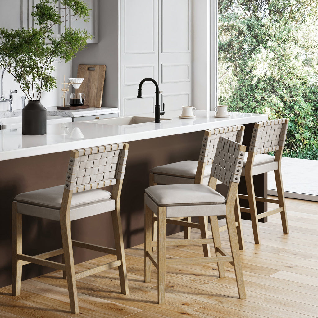 Counter Height Bar Stool with Woven Faux Leather Back