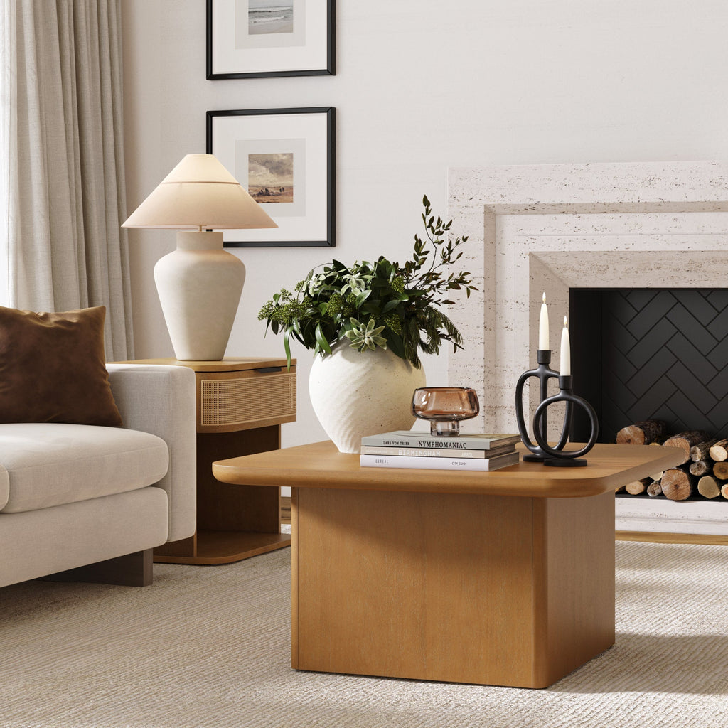 Wood Coffee Table with Thick Top and Pedestal Base