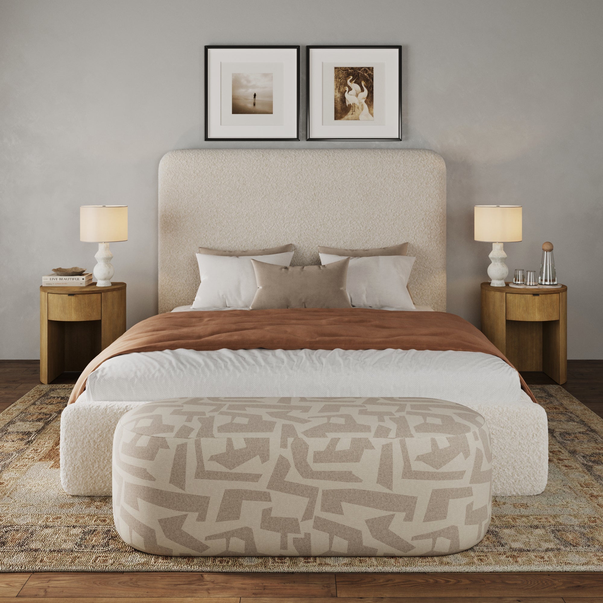 Wood Nightstand with Curved Drawer and Flat Back Design