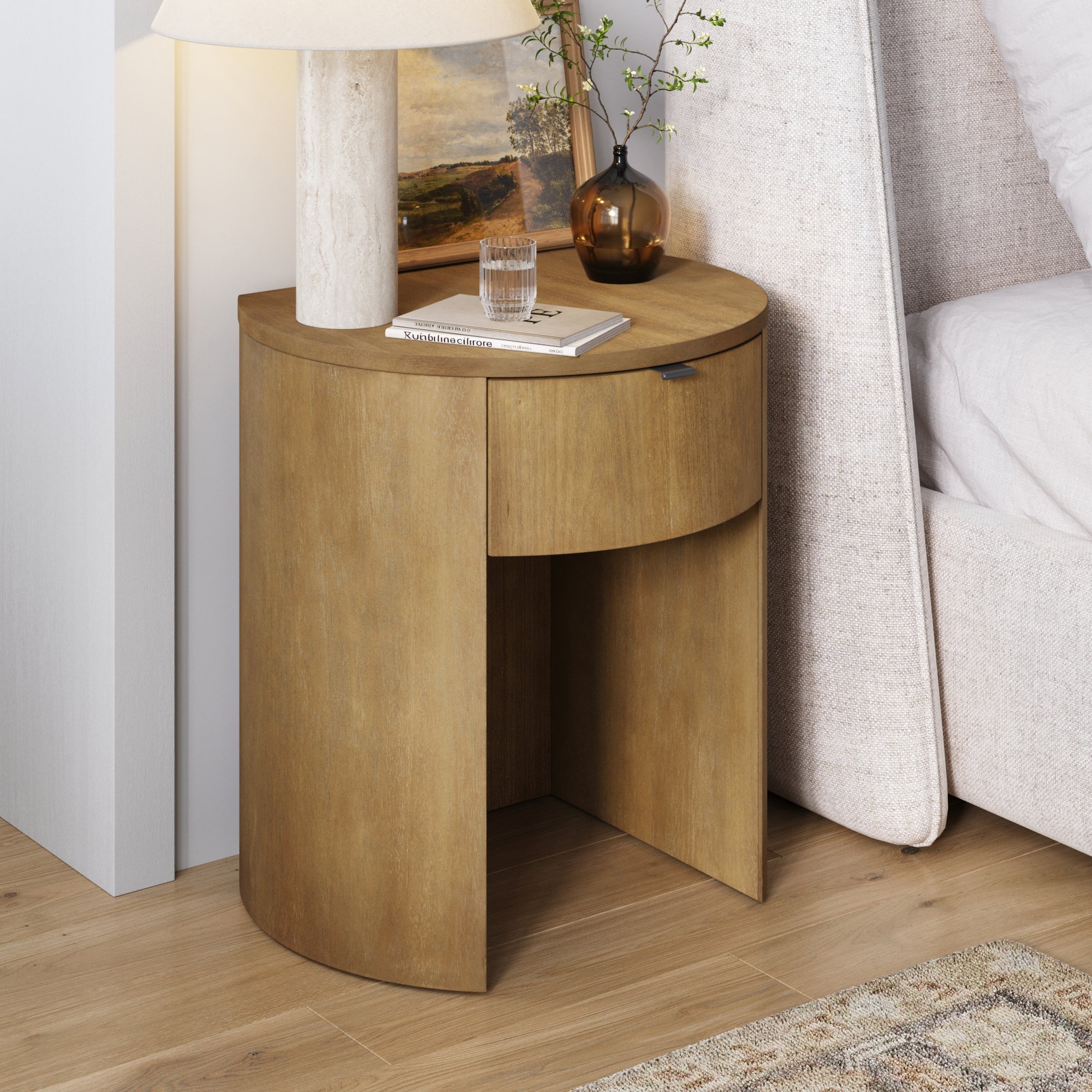 Wood Nightstand with Curved Drawer and Flat Back