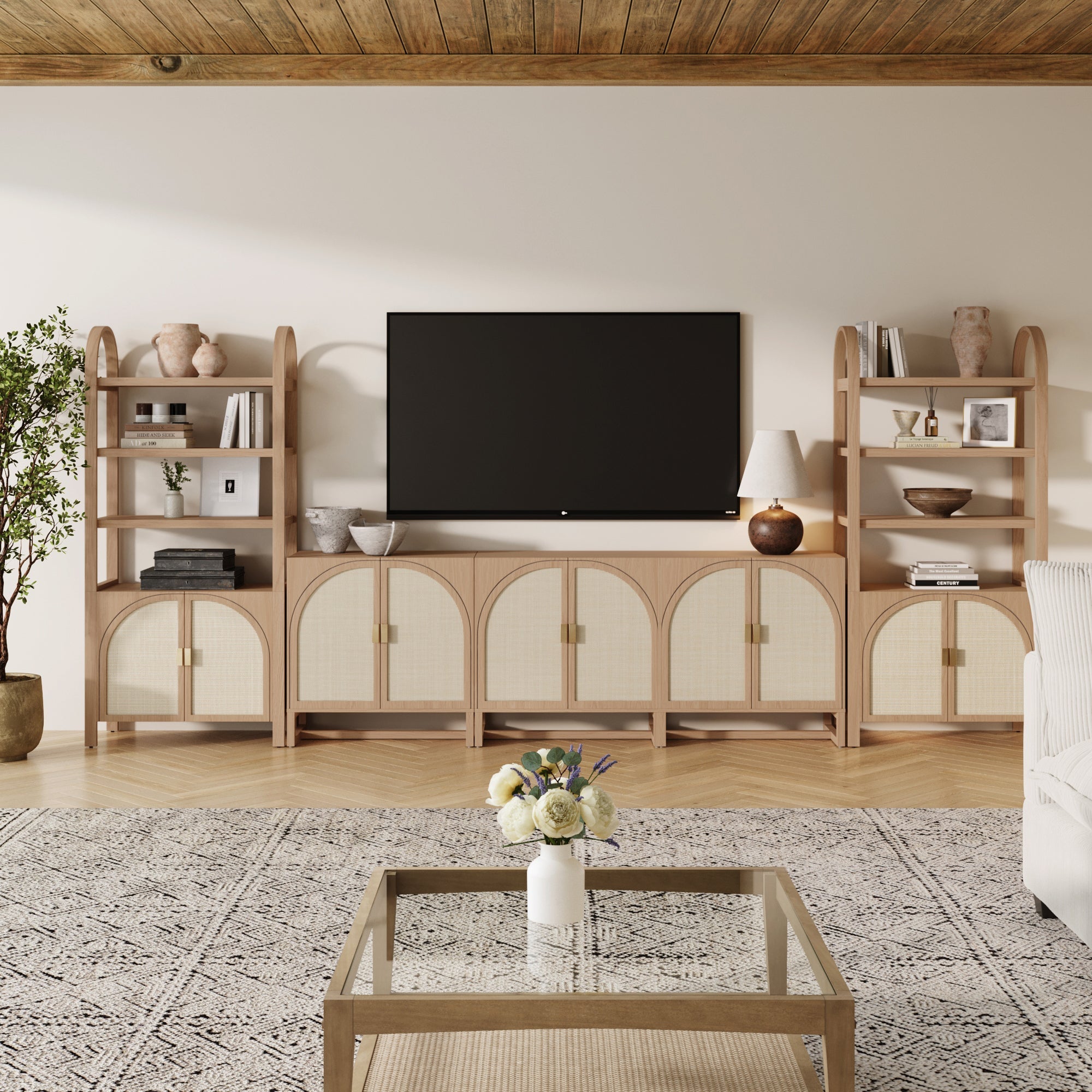Entertainment Center with Arched Doors Rattan Panels Shelving