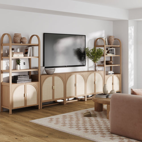 Entertainment Center with Arched Doors Rattan Panels Shelving