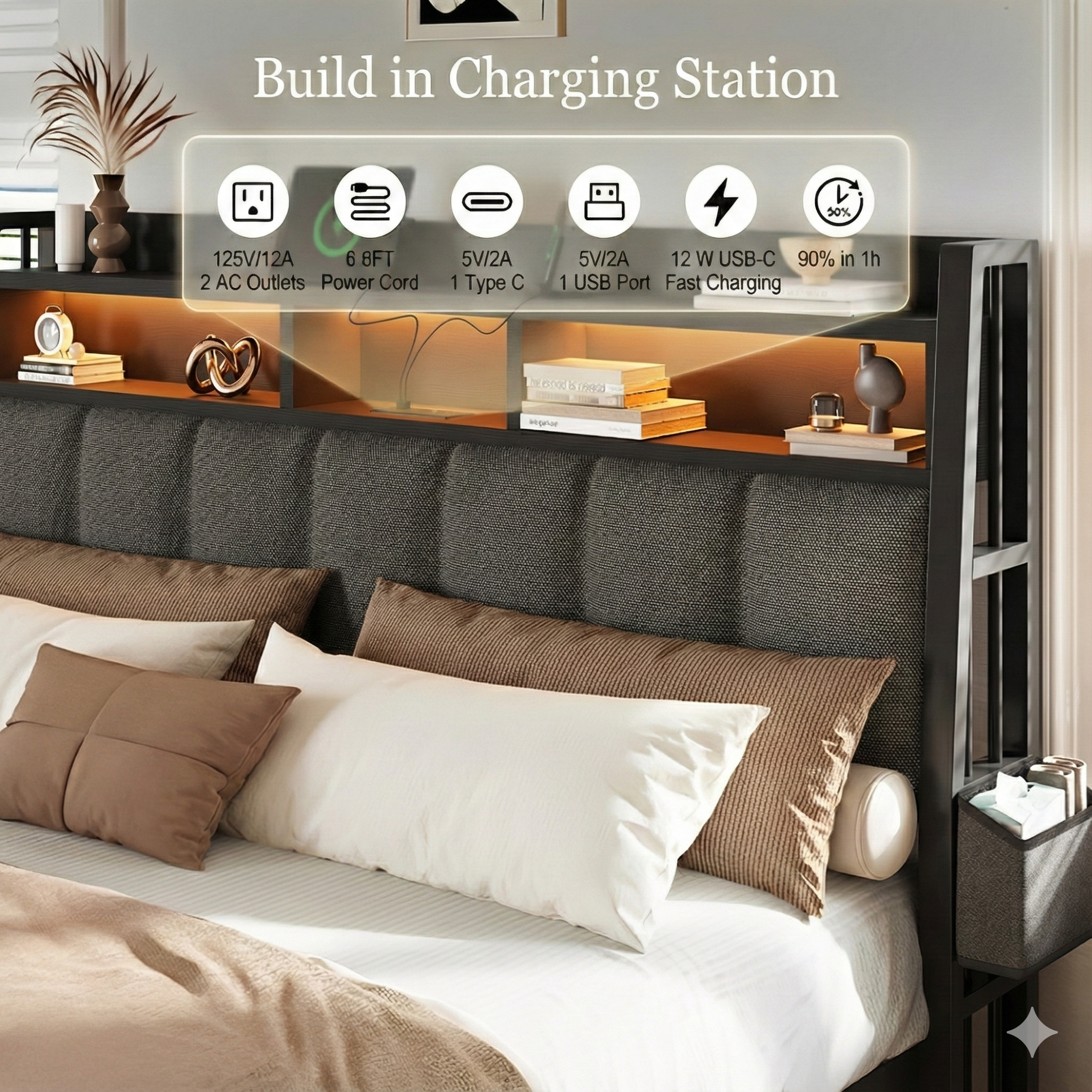 Storage Bed Frame with Bookcase Headboard LED and Charging Ports
