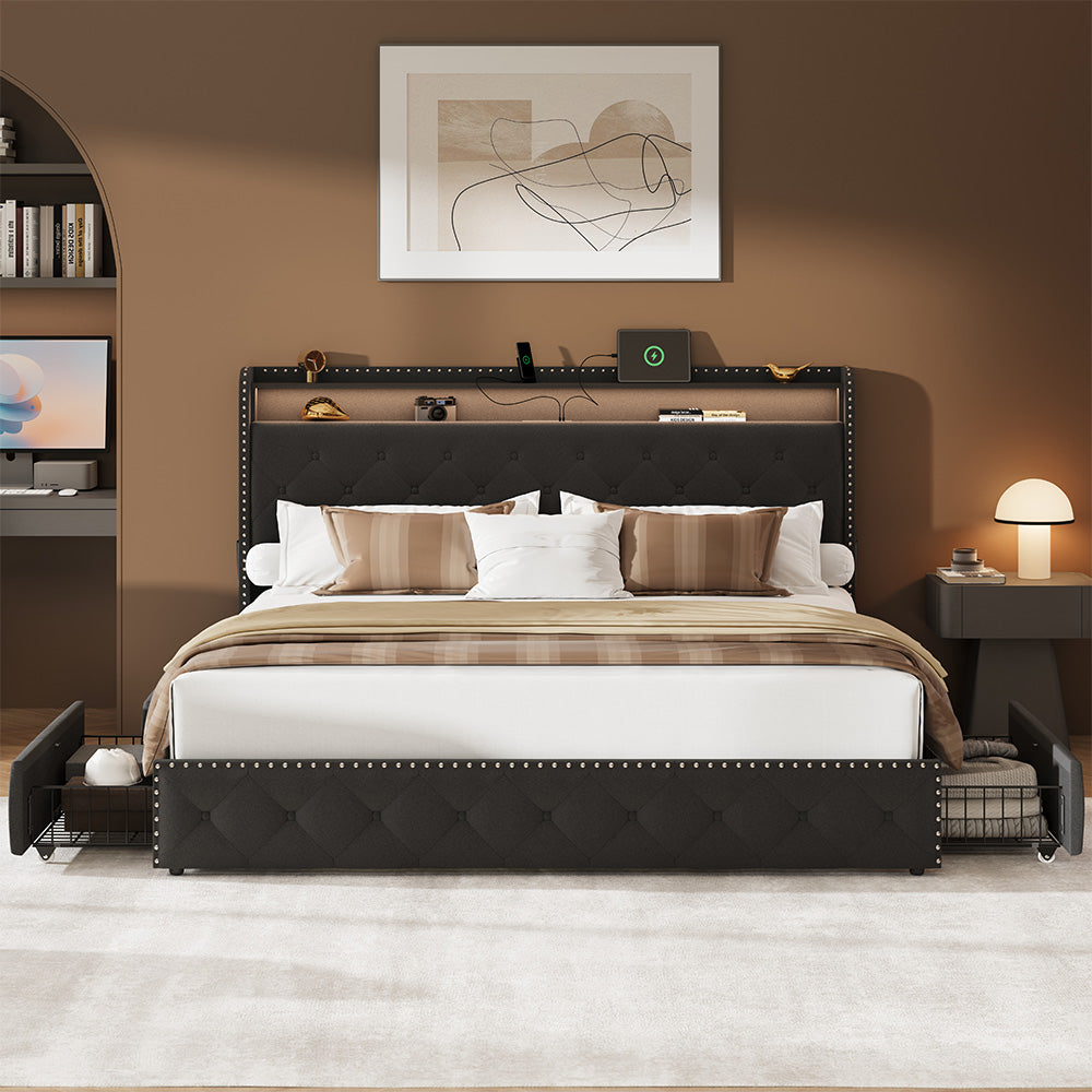 Upholstered Bed Frame with Storage Drawers and LED Headboard