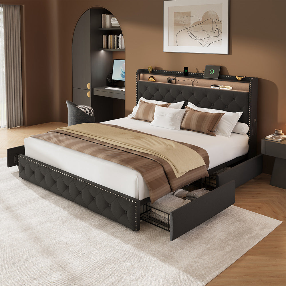 Upholstered Bed Frame with Storage Drawers and LED Headboard