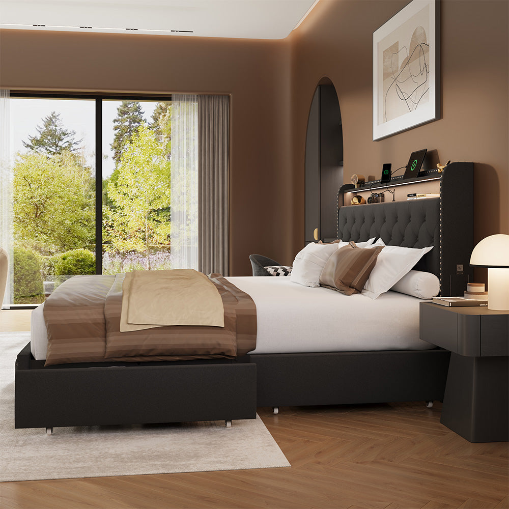 Upholstered Bed Frame with Storage Drawers and LED Headboard