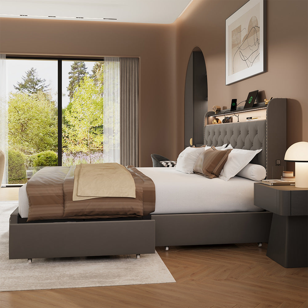 Upholstered Bed Frame with Storage Drawers and LED Headboard