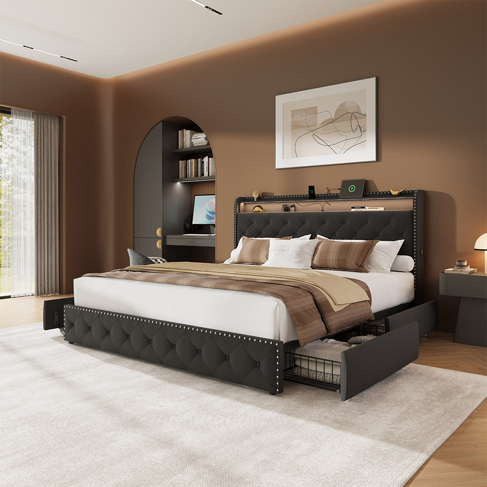 Larmace Bed Frame with 4 Drawers and Storage Headboard, Upholstered LED Bed Frame with Type-C & USB Charging Station, Velvet Platform Bed with Storage, No Box Spring Needed Black