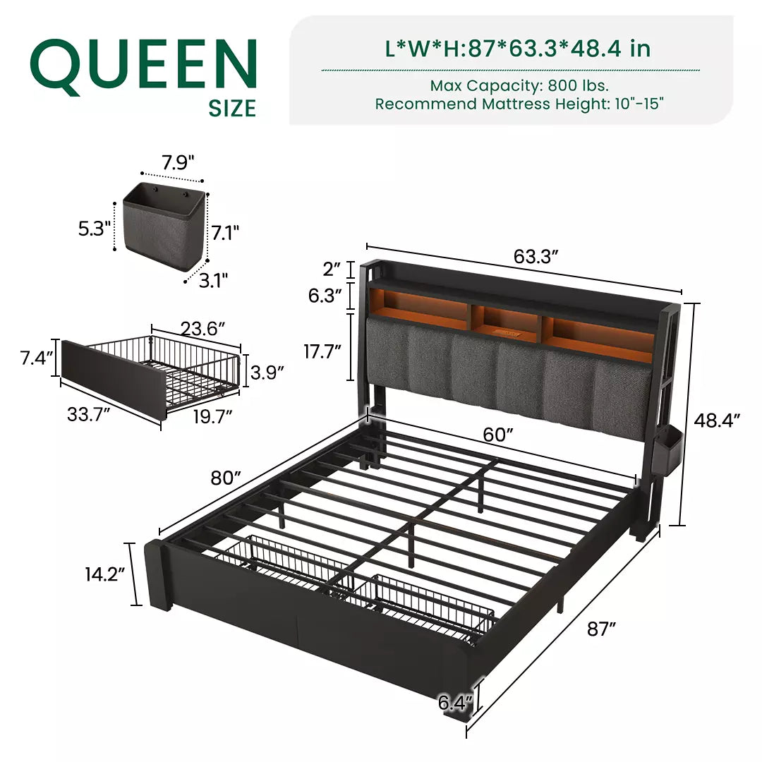 Storage Bed Frame with Bookcase Headboard LED and Charging Ports
