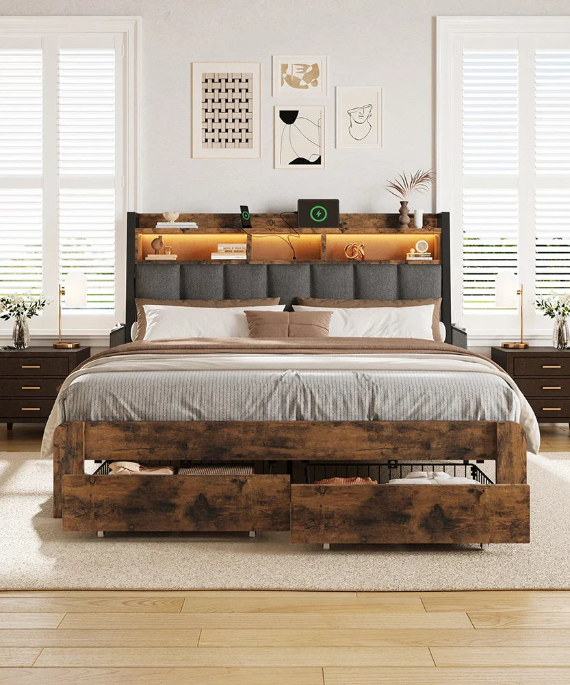 Wooden bed frame with storage drawers in a bedroom setting.