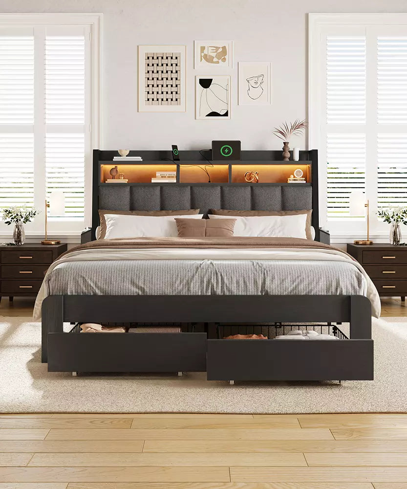 Storage Bed Frame with Bookcase Headboard LED and Charging Ports