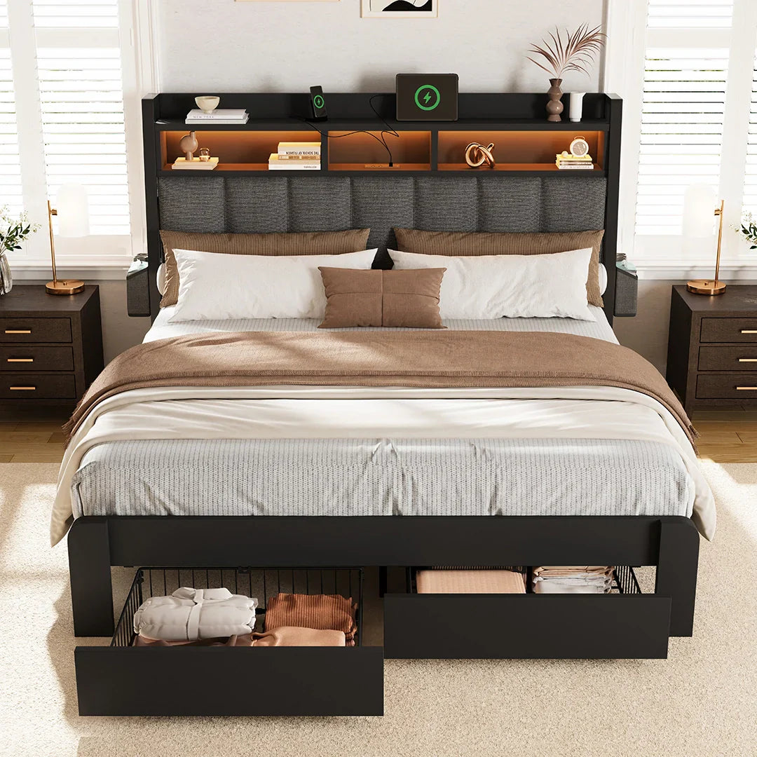 Storage Bed Frame with Bookcase Headboard LED and Charging Ports