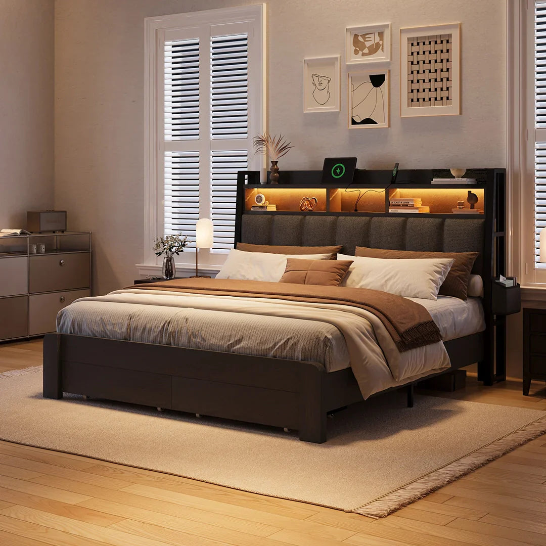 Storage Bed Frame with Bookcase Headboard LED and Charging Ports