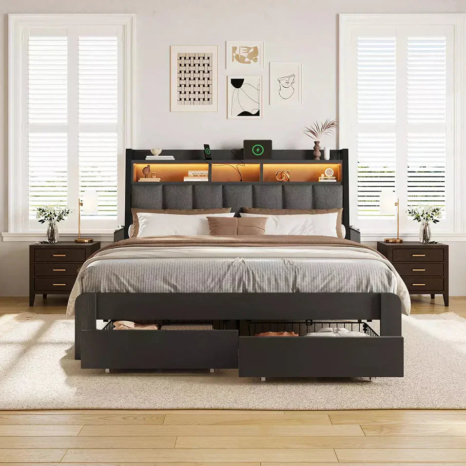 Storage Bed Frame with Bookcase Headboard LED and Charging Ports