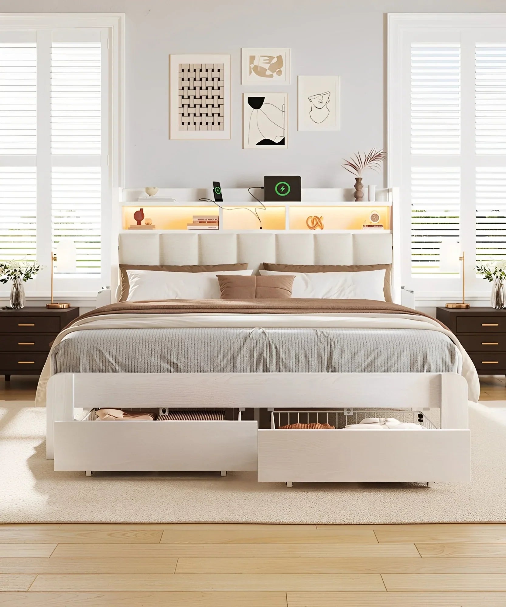 Storage Bed Frame with Bookcase Headboard LED and Charging Ports