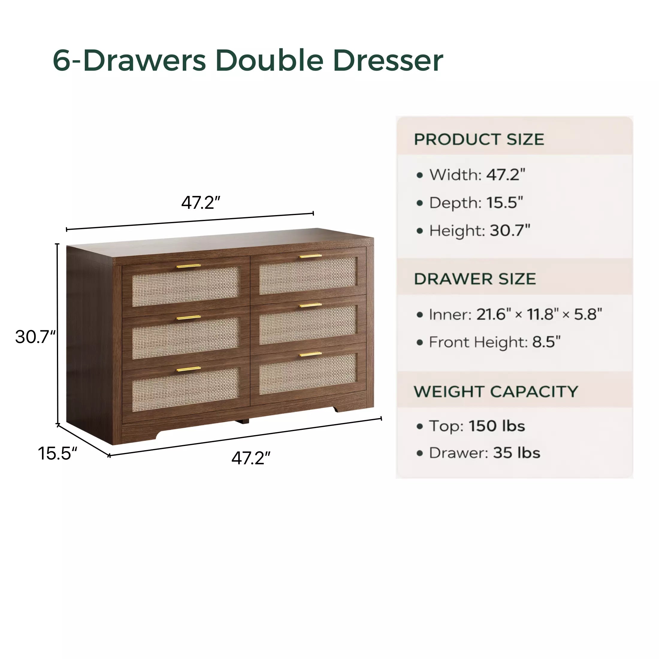 Rattan Dresser with Six Drawers and Modular Placement
