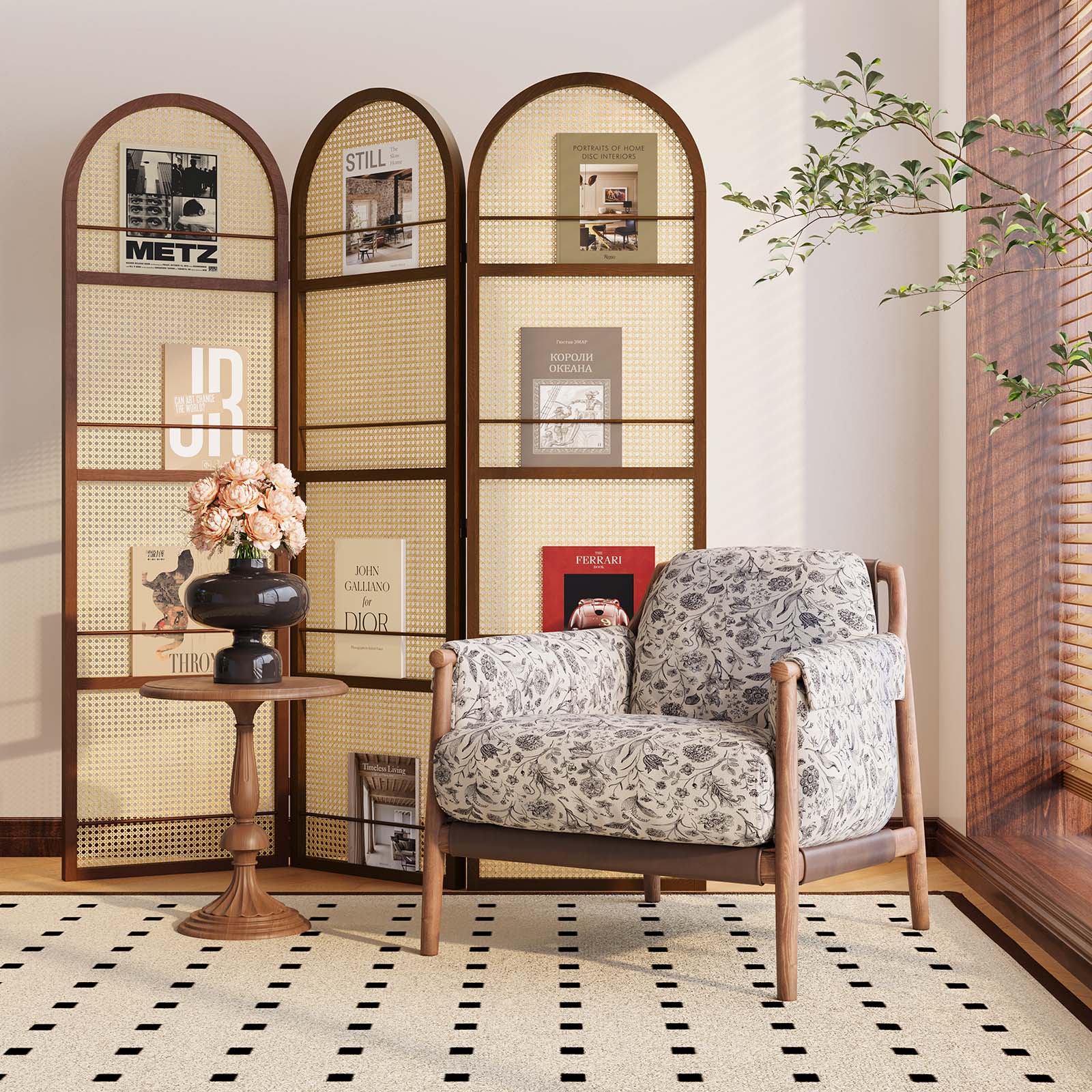 Folding Room Divider with Arched Panels and Display Rails