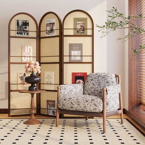 Folding Room Divider with Arched Panels and Display Rails