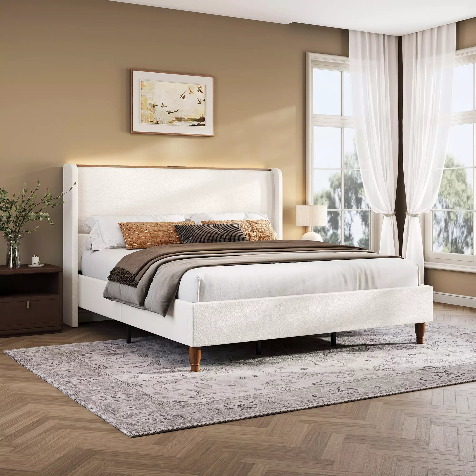 Upholstered Wingback Bed Frame with LED Headboard Shelf