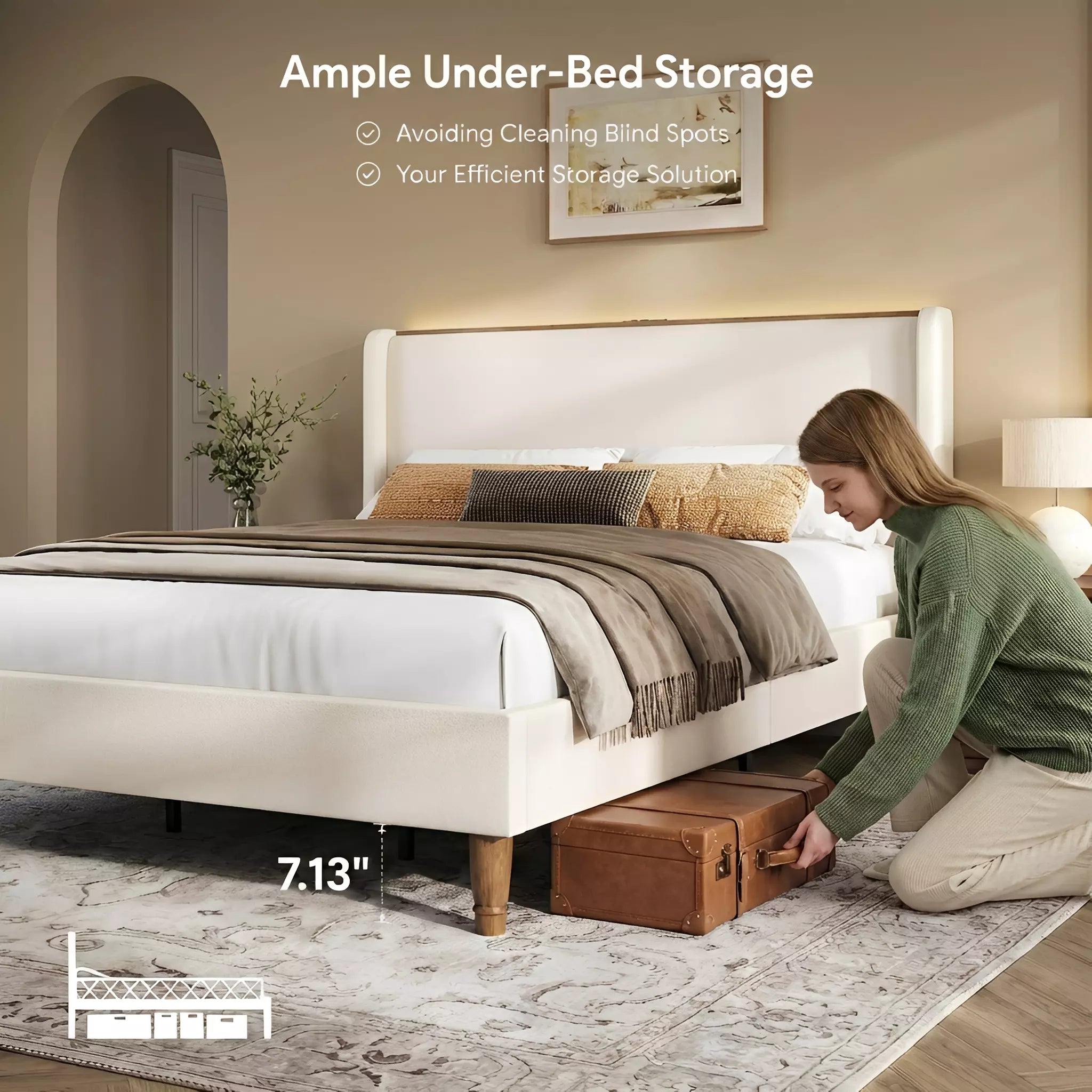 Upholstered Wingback Bed Frame with LED Headboard Shelf