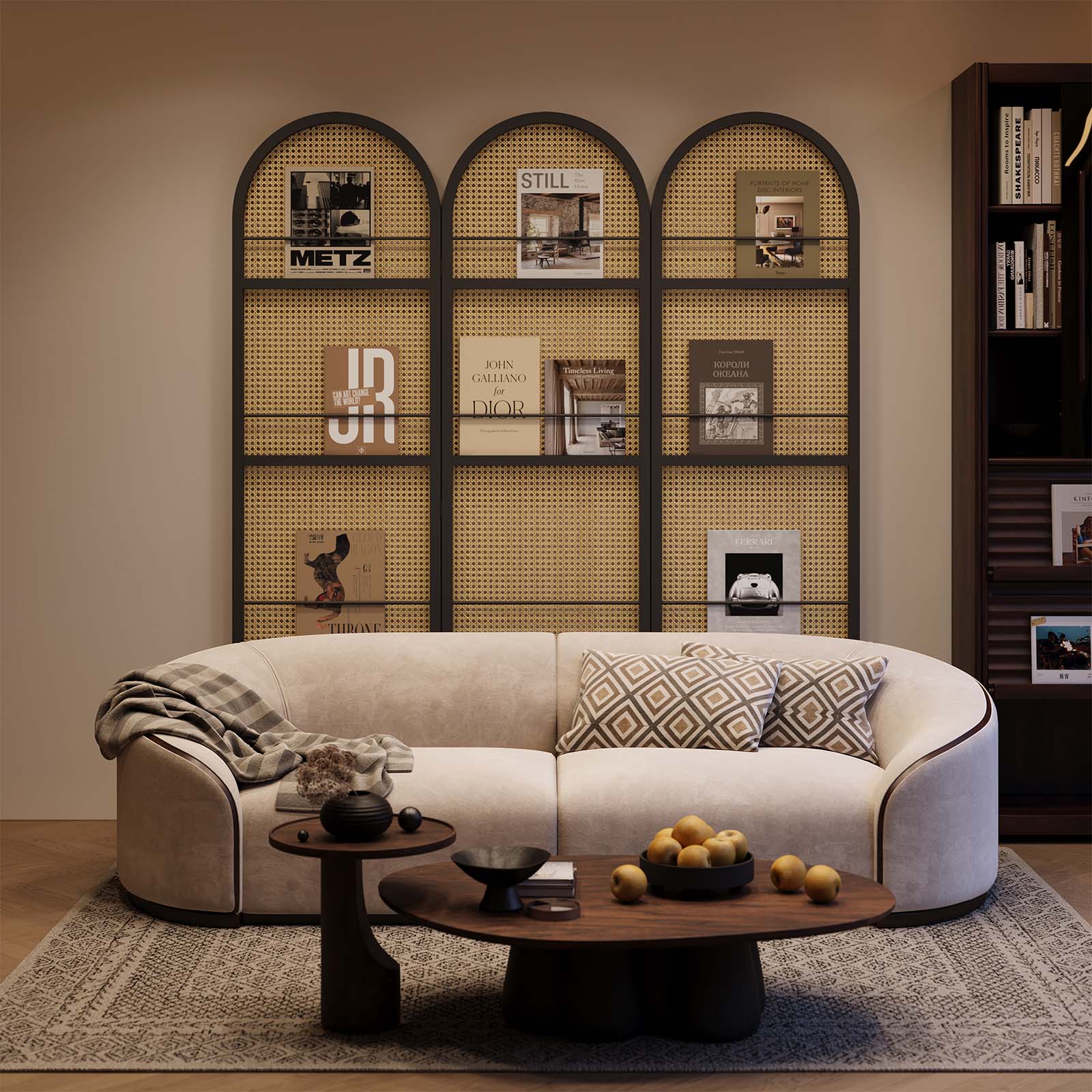 Larmace black arched room divider with magazine display rails in a modern chic bedroom setup