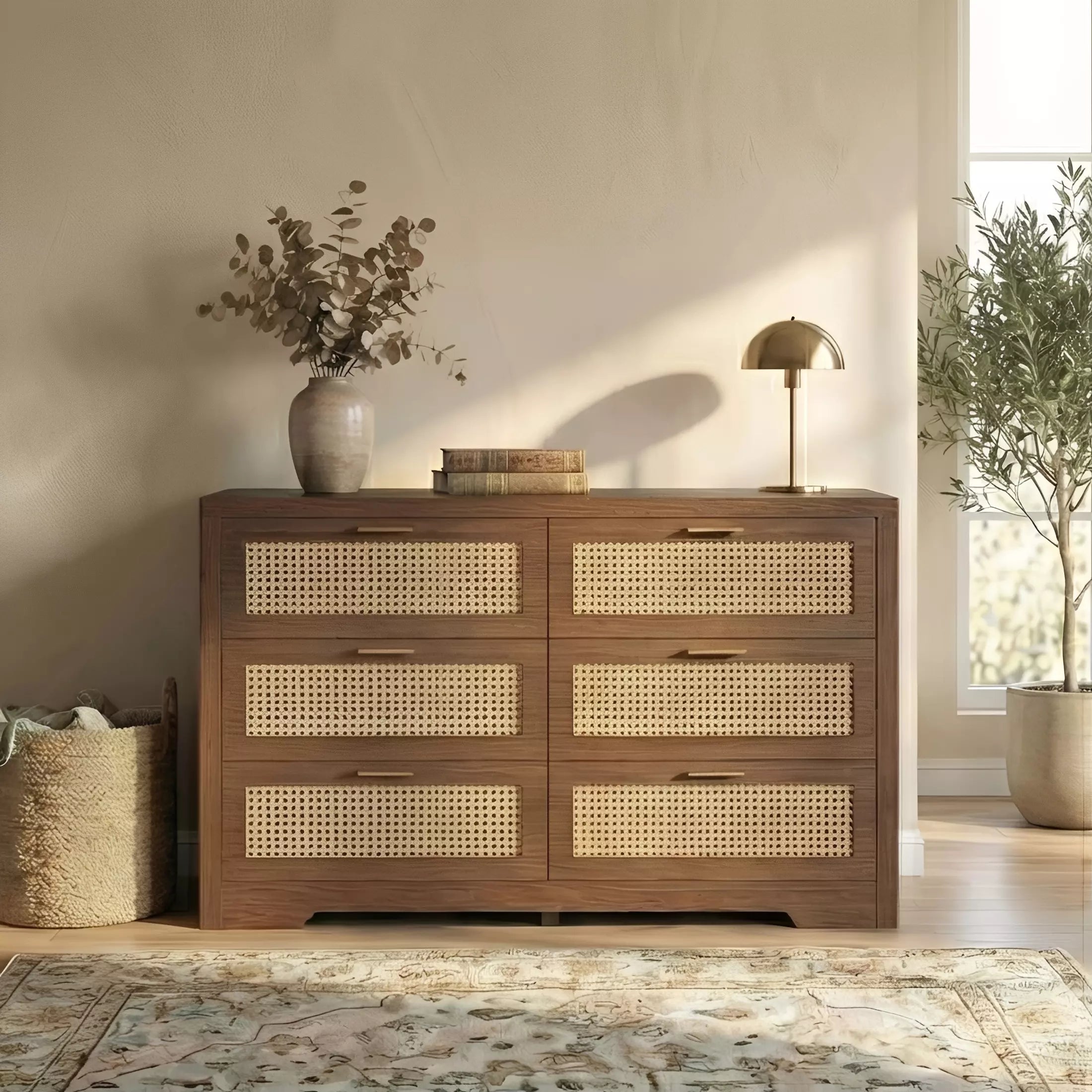 Rattan Dresser with Six Drawers and Modular Placement