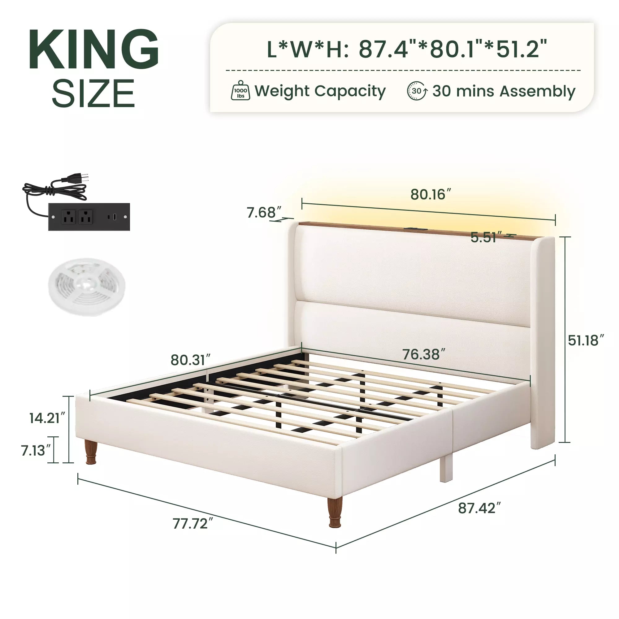 Upholstered Wingback Bed Frame with LED Headboard Shelf