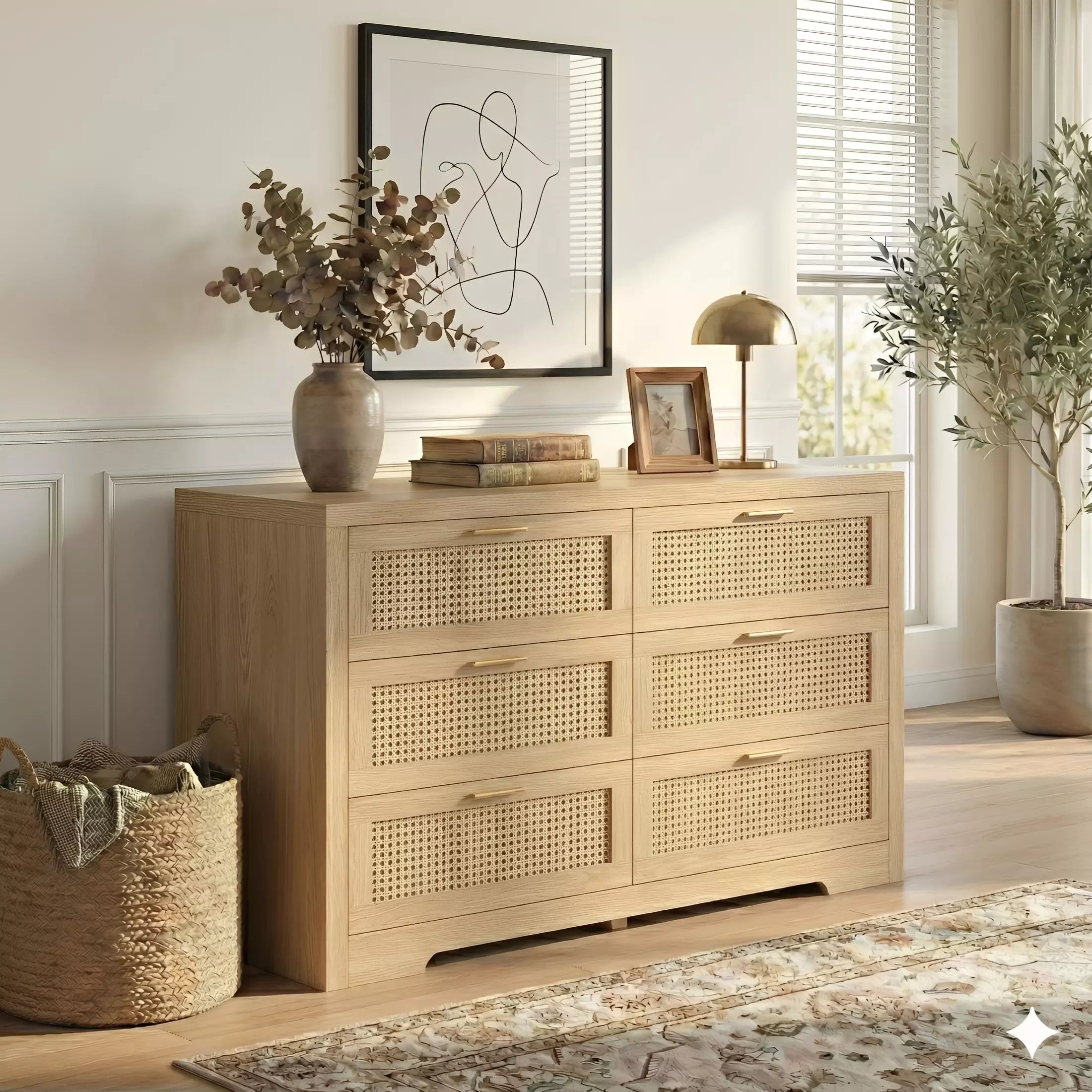 Rattan Dresser with Six Drawers and Modular Placement