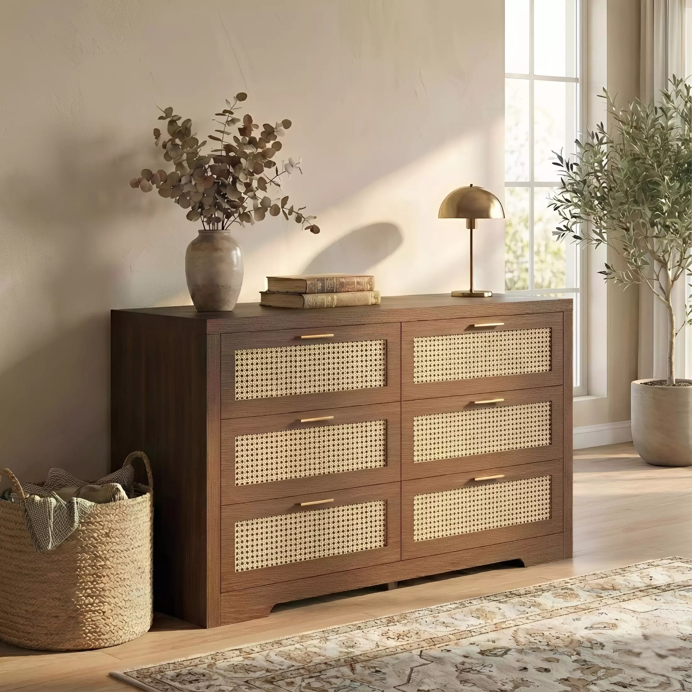 Wooden dresser with wicker drawers in a room with a lamp, plant, and basket.