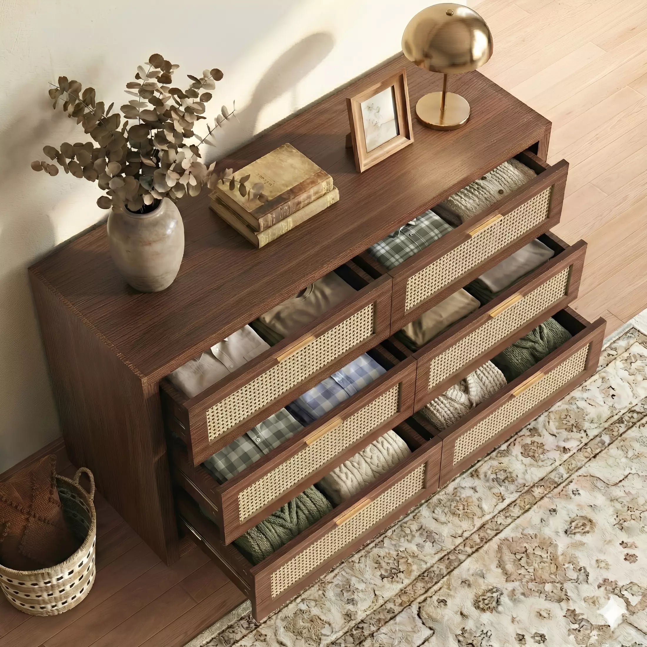 Rattan Dresser with Six Drawers and Modular Placement