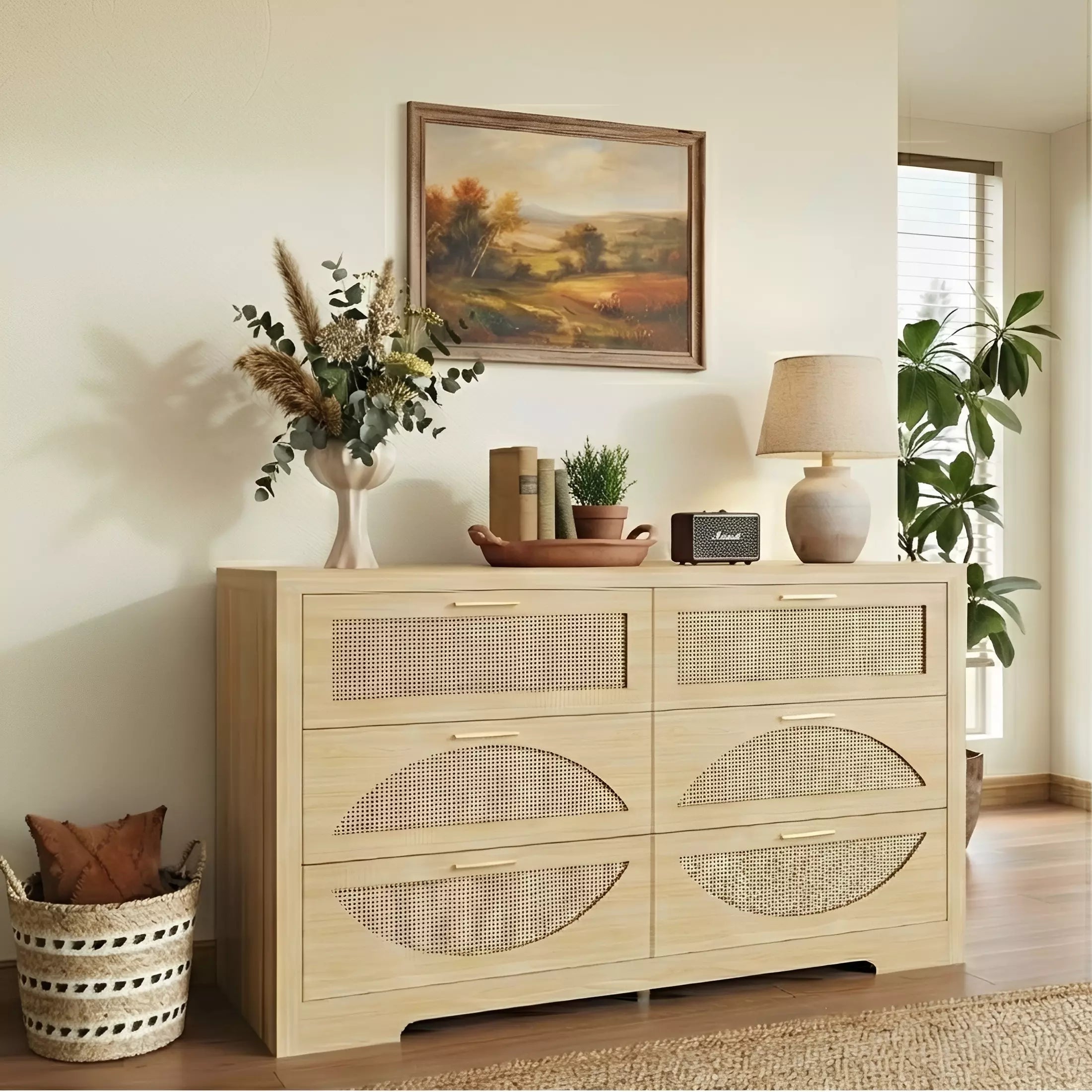 Rattan Dresser with Arched Design and Woven Drawer Fronts