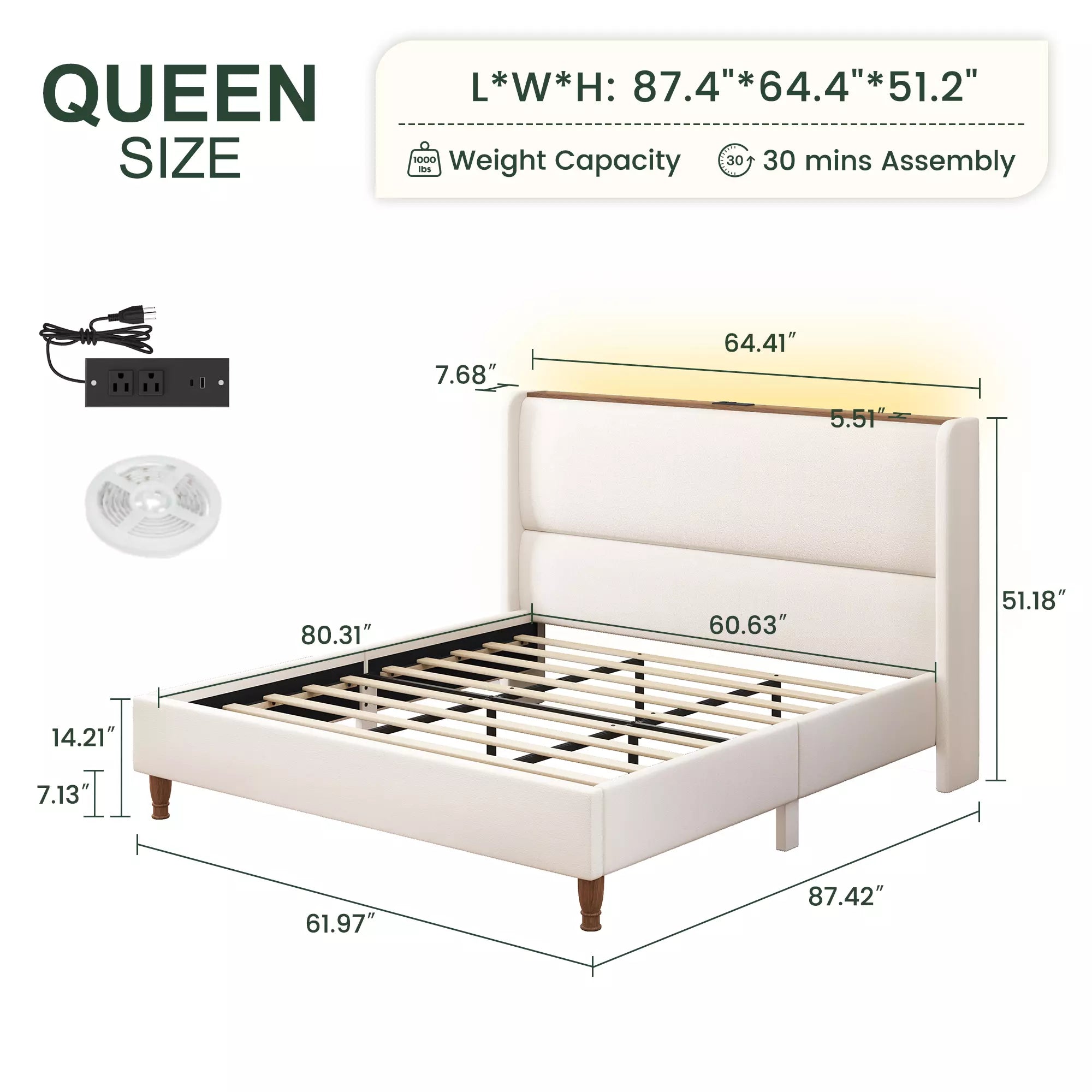 Upholstered Wingback Bed Frame with LED Headboard Shelf