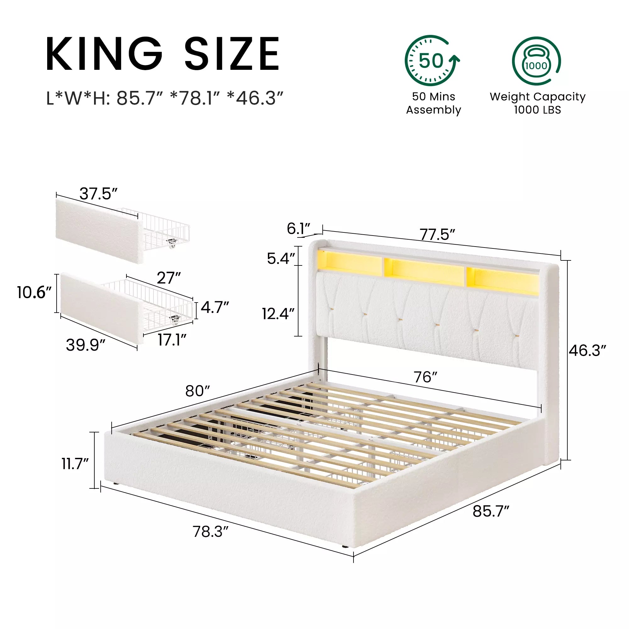 Upholstered Storage Bed Frame with LED Shelf and Charging Ports