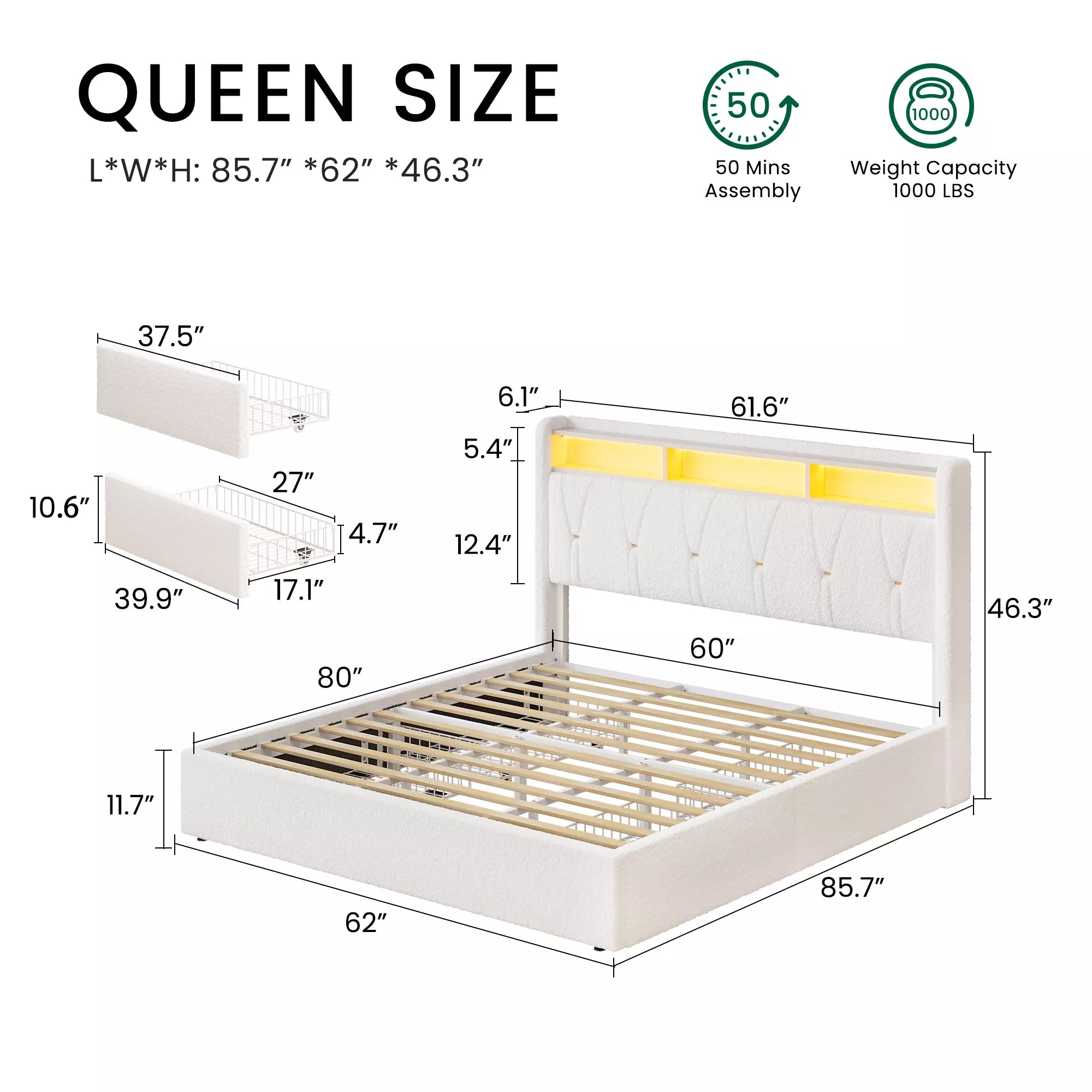 Upholstered Storage Bed Frame with LED Shelf and Charging Ports
