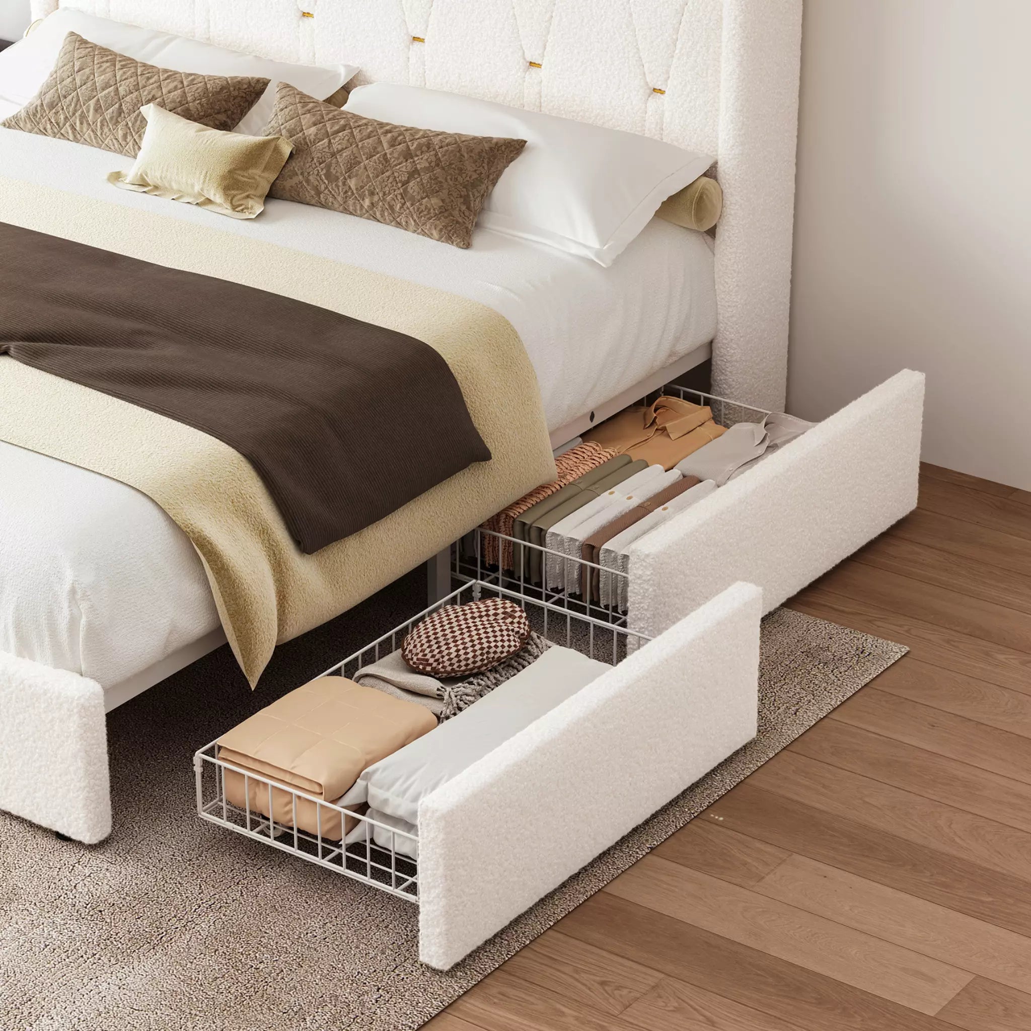 Upholstered Storage Bed Frame with LED Shelf and Charging Ports