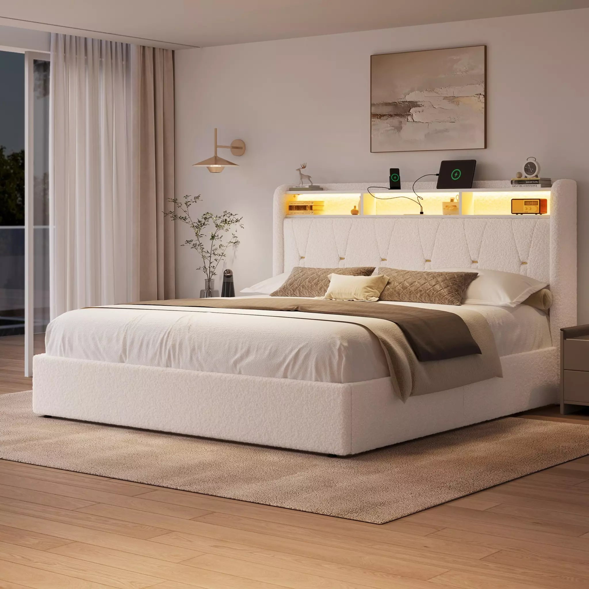 Upholstered Storage Bed Frame with LED Shelf and Charging Ports