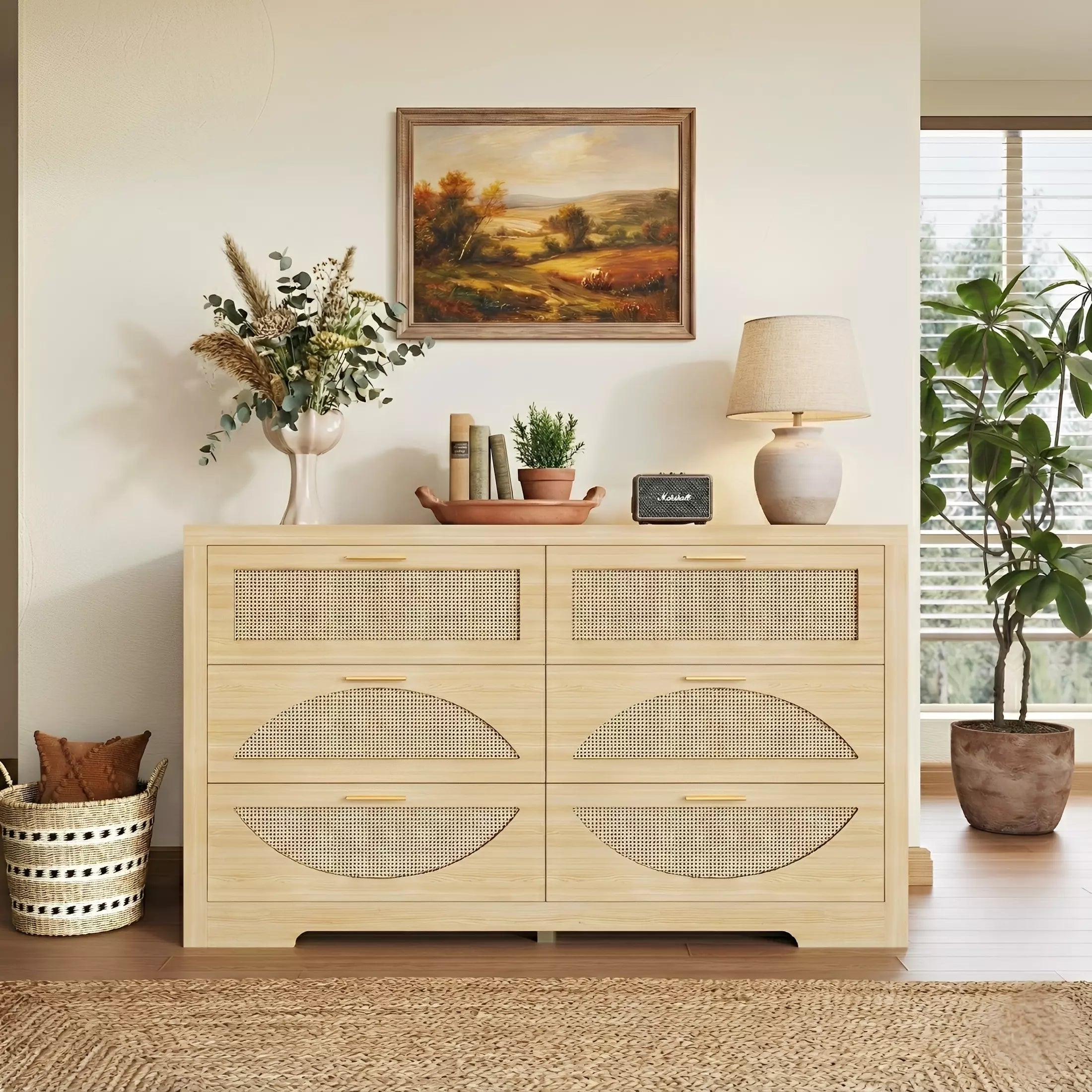 Rattan Dresser with Arched Design and Woven Drawer Fronts
