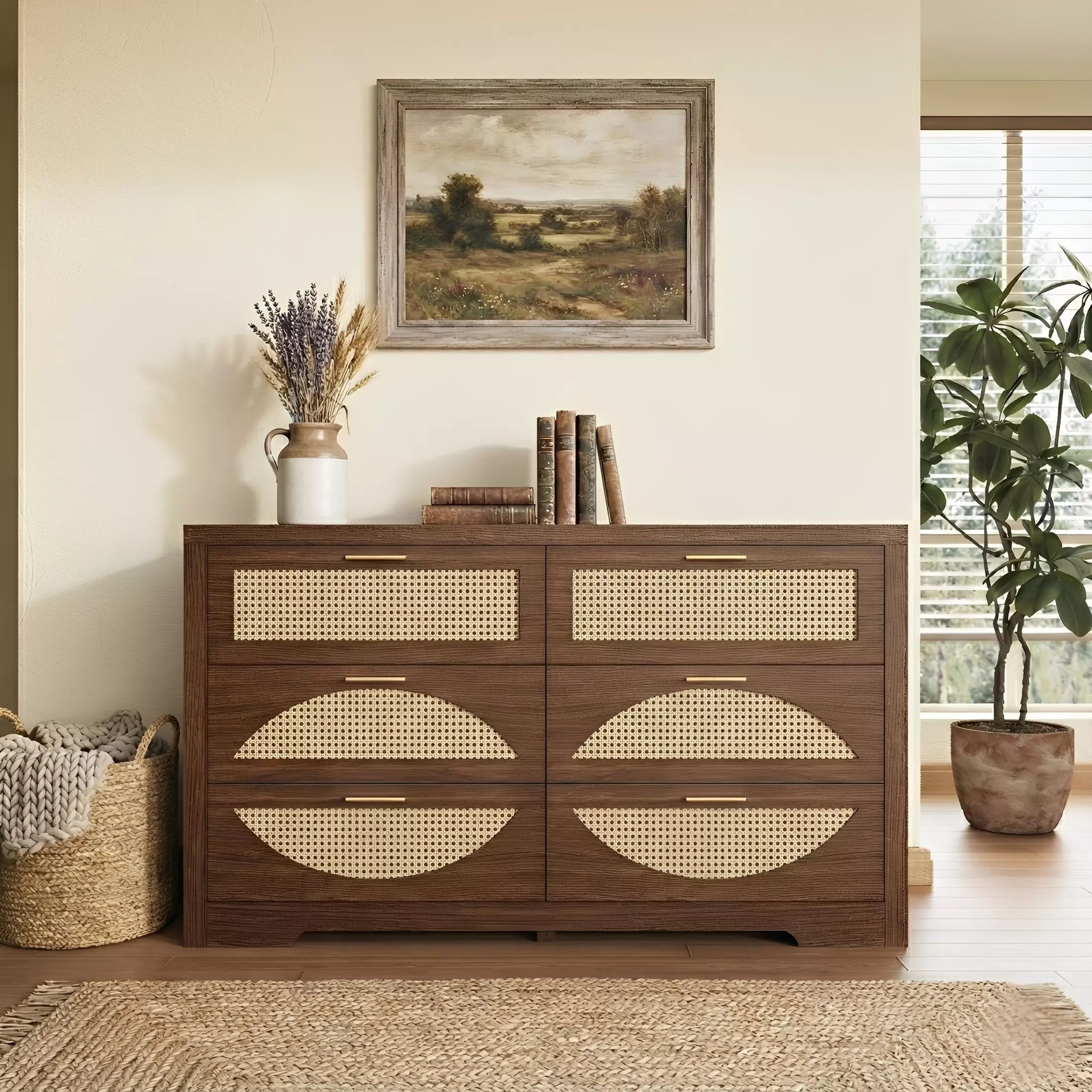 Rattan Dresser with Arched Design and Woven Drawer Fronts