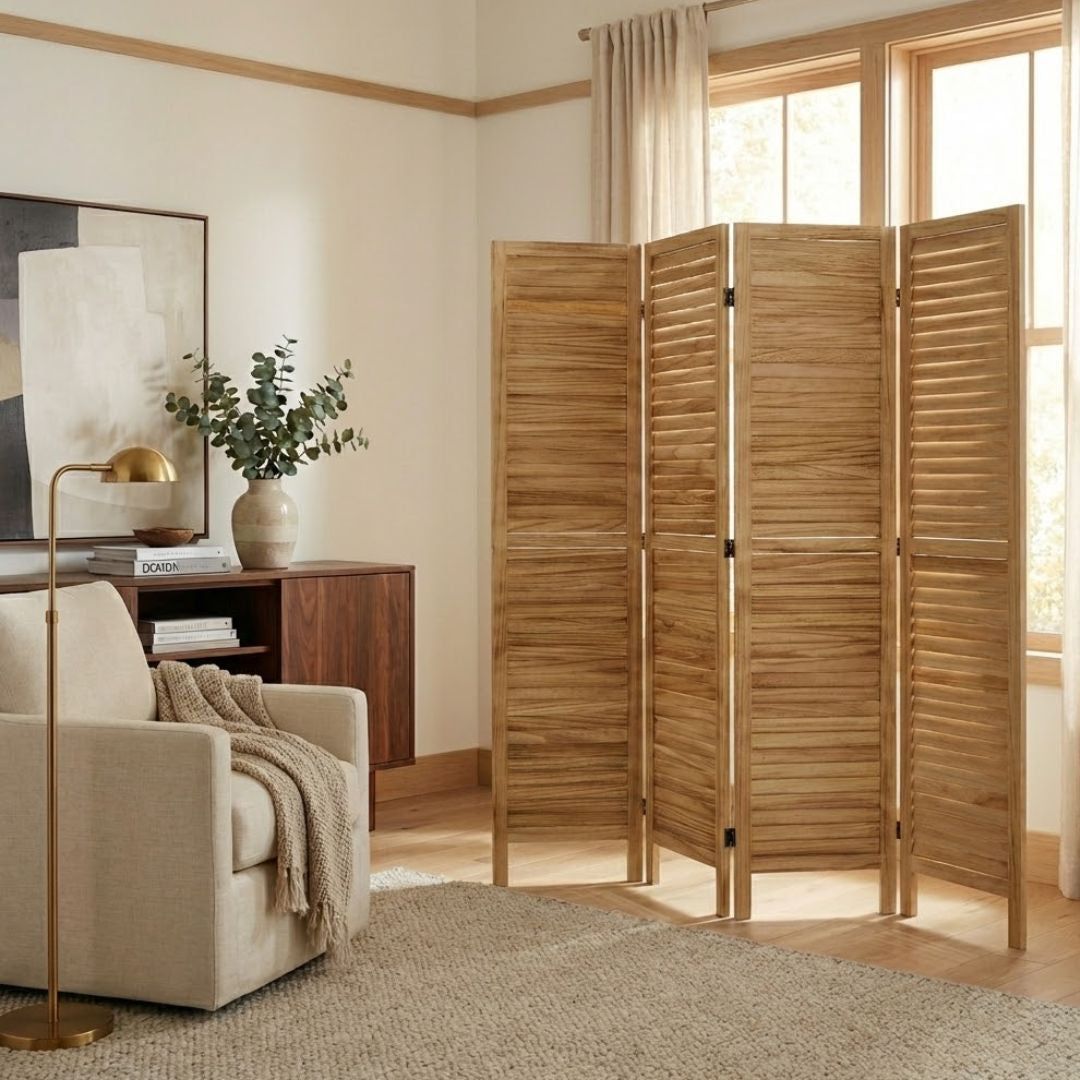 Natural wood 4-panel louvered room divider with rustic farmhouse style aesthetic