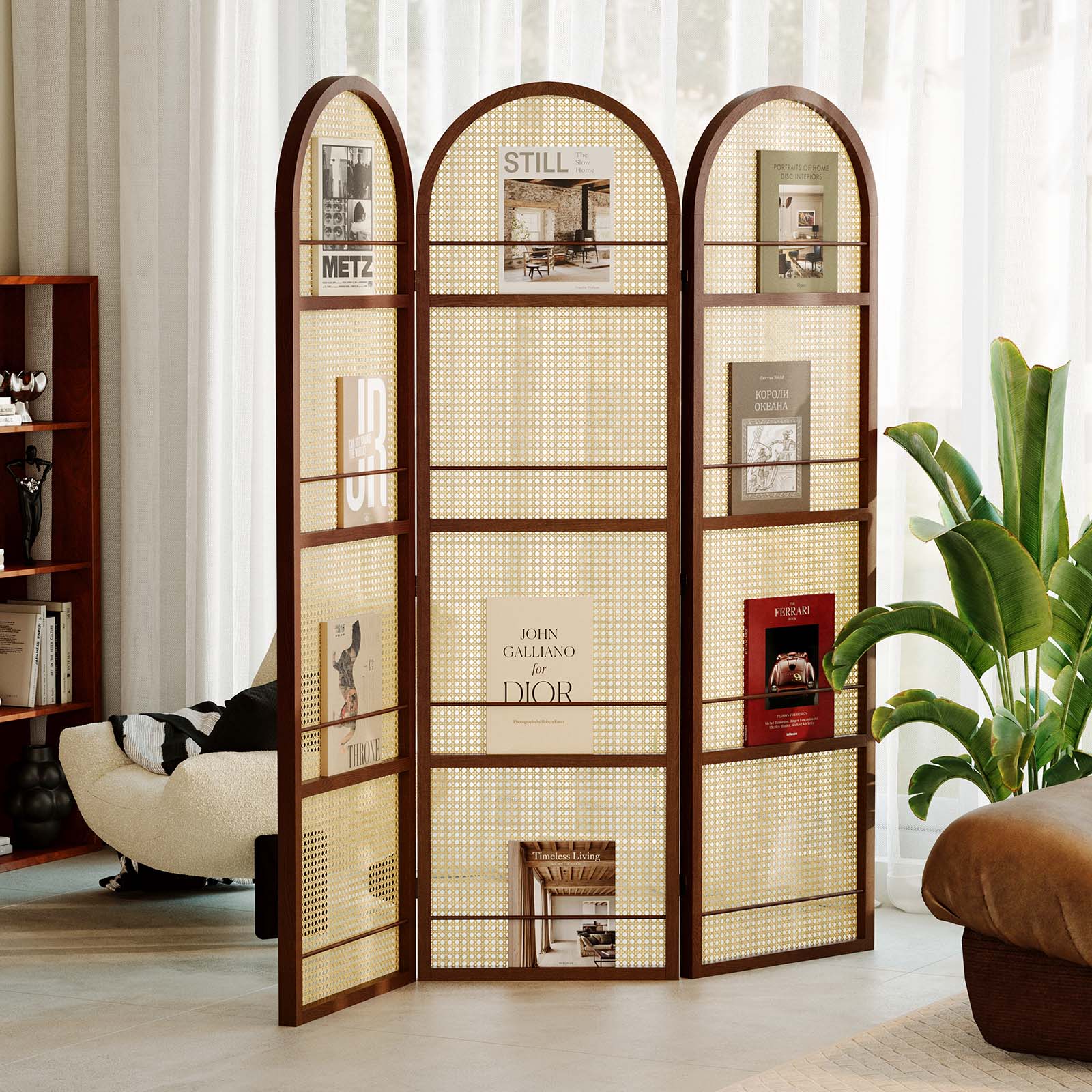 Folding Room Divider with Arched Panels and Display Rails