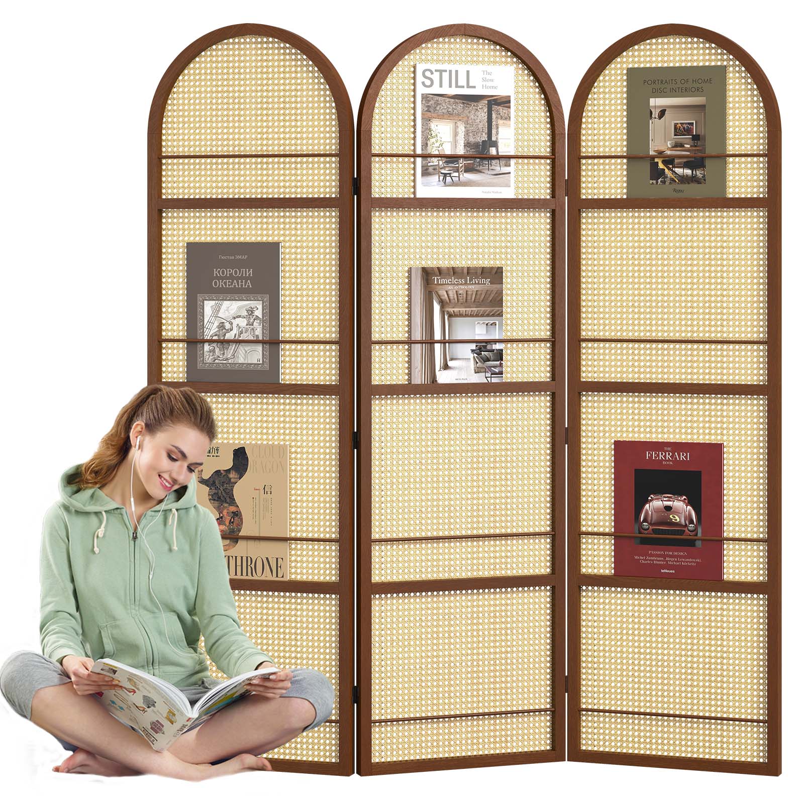Folding Room Divider with Arched Panels and Display Rails