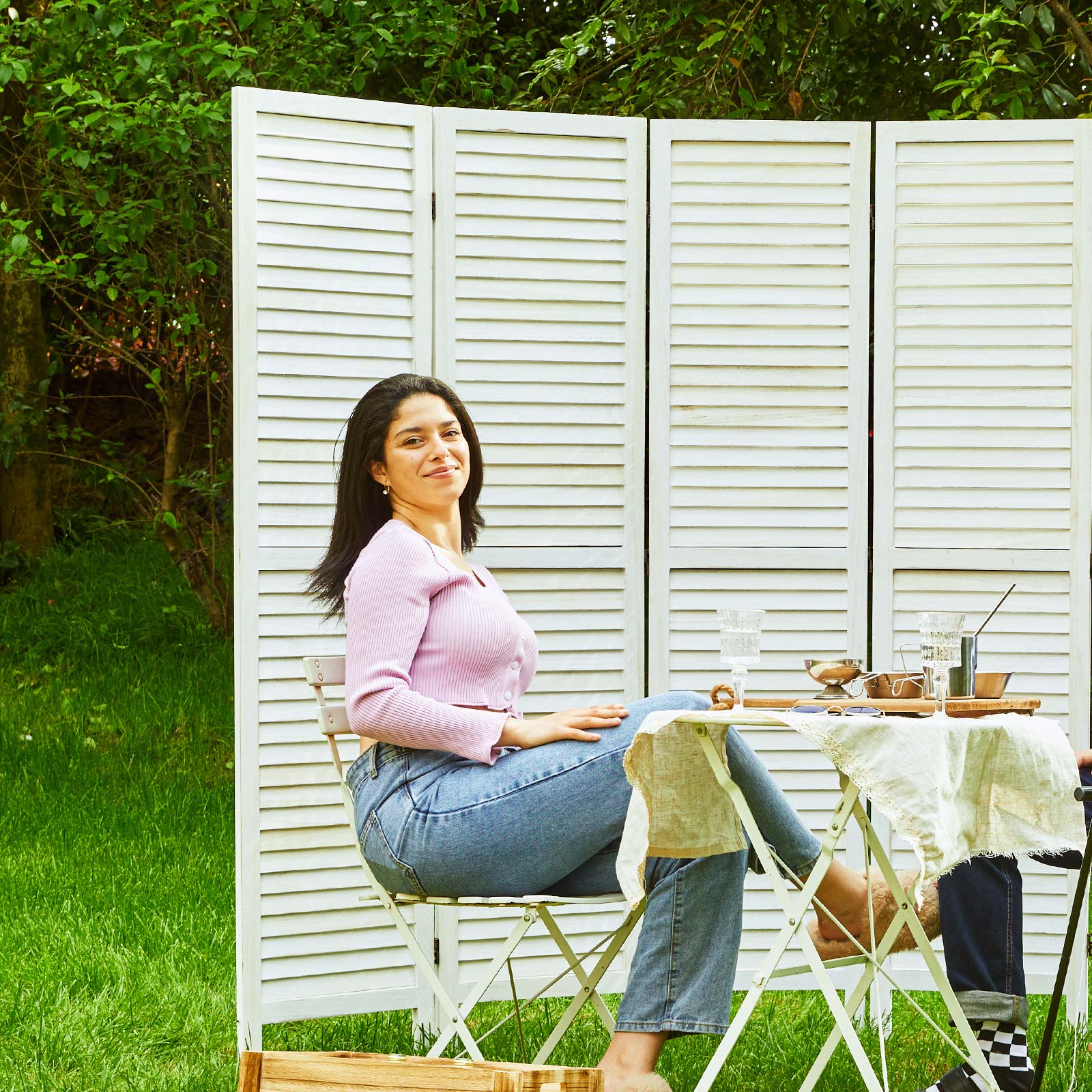 Louvered Wooden Room Divider with Folding Panels