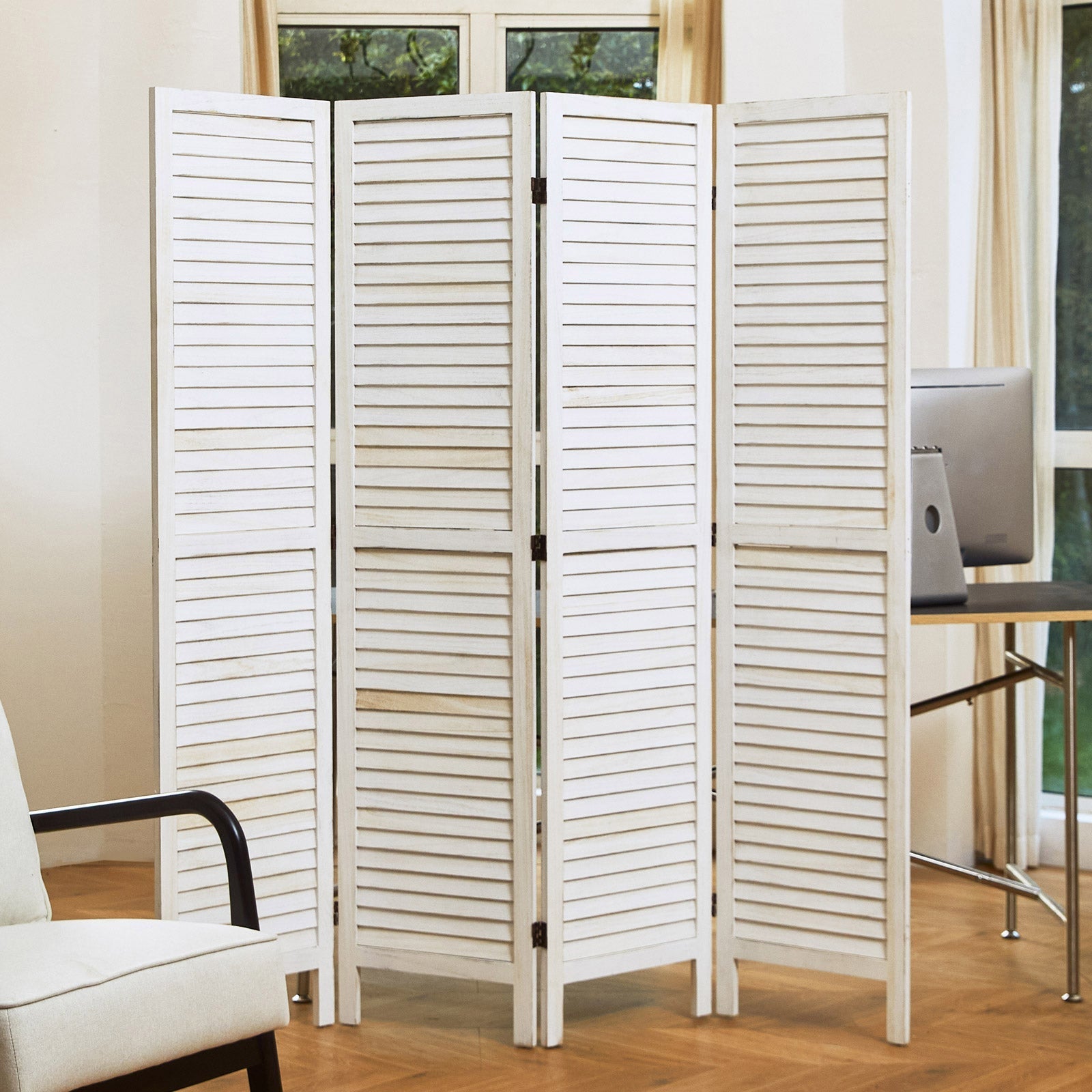 Louvered Wooden Room Divider with Folding Panels