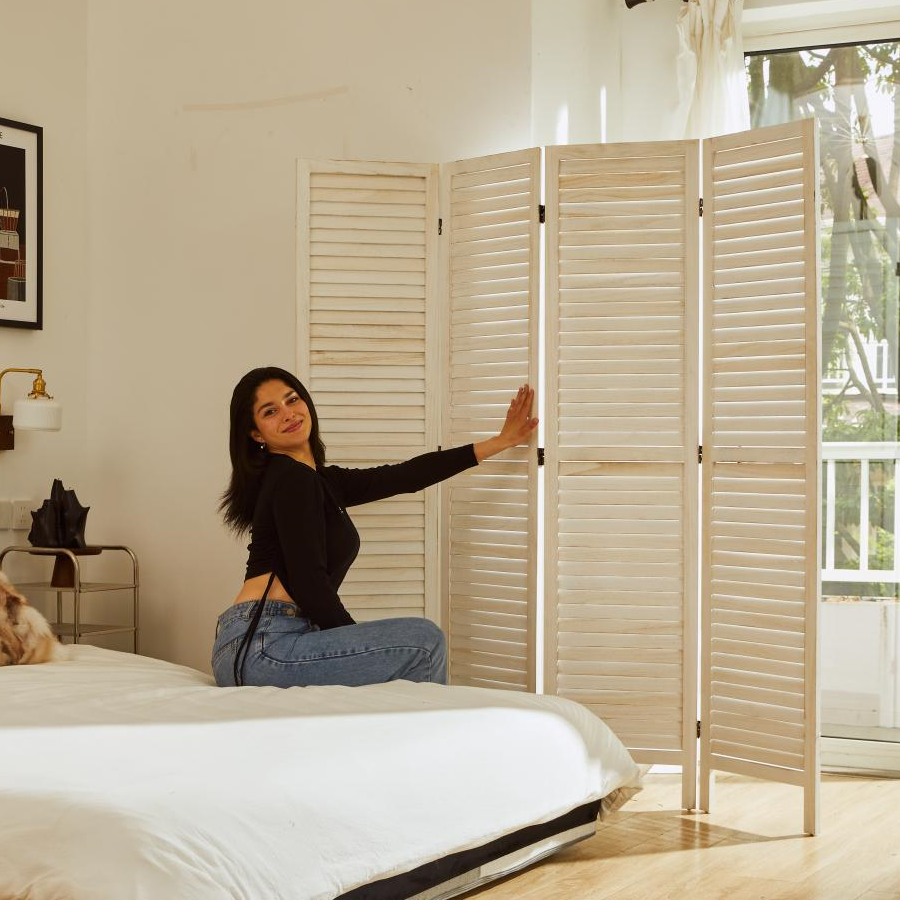 Louvered Wooden Room Divider with Folding Panels